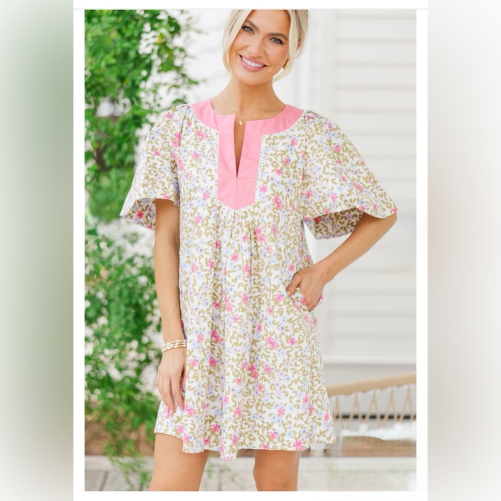 Mint Julep Boutique Pink Green Ditzy Floral Cotton Dress Pockets L NWT